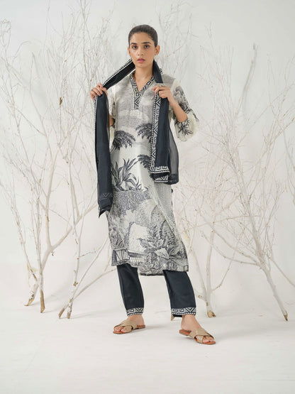 Tribal Printed Straight Linen Kurta With Trousers & Dupatta - Buy Best Ethnic Wear for Women & Girls | Daily Woman - 