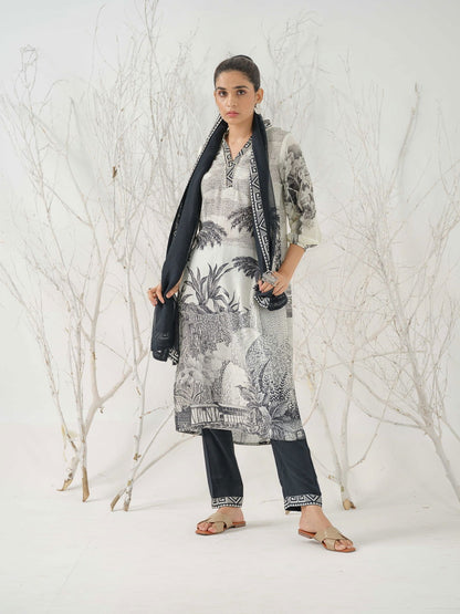 Tribal Printed Straight Linen Kurta With Trousers & Dupatta - Buy Best Ethnic Wear for Women & Girls | Daily Woman - 