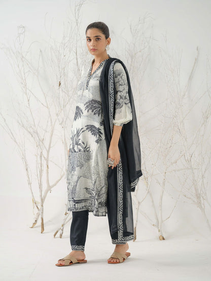 Tribal Printed Straight Linen Kurta With Trousers & Dupatta - Buy Best Ethnic Wear for Women & Girls | Daily Woman - 