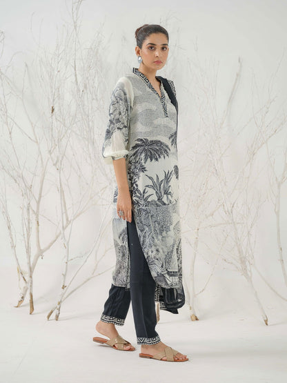 Tribal Printed Straight Linen Kurta With Trousers & Dupatta - Buy Best Ethnic Wear for Women & Girls | Daily Woman - 