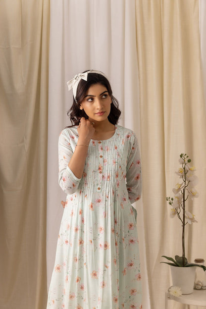 Turquoise Blue Floral Printed Flared A-Line Kurta With Trouser & Dupatta - Buy Best Ethnic Wear for Women & Girls | Daily Woman - 