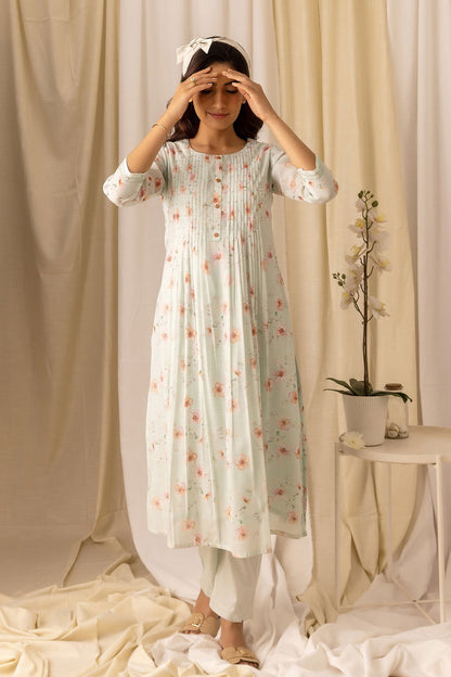 Turquoise Blue Floral Printed Flared A-Line Kurta With Trouser & Dupatta - Buy Best Ethnic Wear for Women & Girls | Daily Woman - 