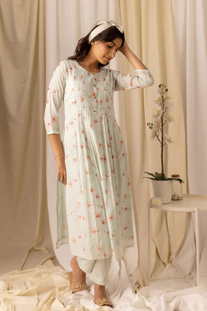 Turquoise Blue Floral Printed Flared A-Line Kurta With Trouser & Dupatta - Buy Best Ethnic Wear for Women & Girls | Daily Woman - 