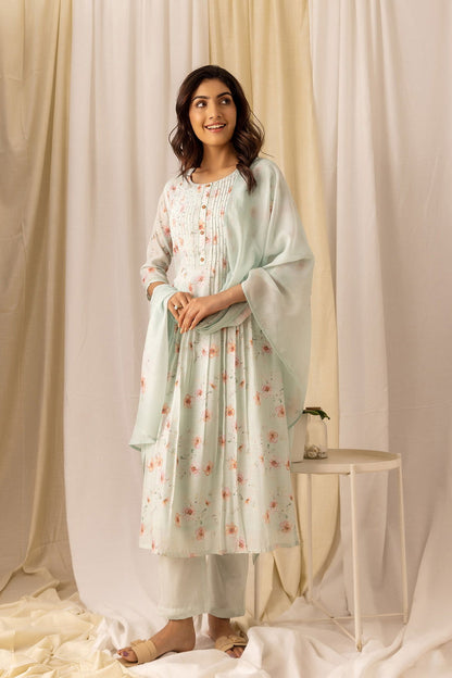 Turquoise Blue Floral Printed Flared A-Line Kurta With Trouser & Dupatta - Buy Best Ethnic Wear for Women & Girls | Daily Woman - 