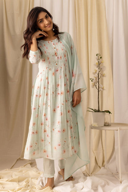 Turquoise Blue Floral Printed Flared A-Line Kurta With Trouser & Dupatta - Buy Best Ethnic Wear for Women & Girls | Daily Woman - 