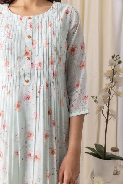 Turquoise Blue Floral Printed Flared A-Line Kurta With Trouser & Dupatta - Buy Best Ethnic Wear for Women & Girls | Daily Woman - 