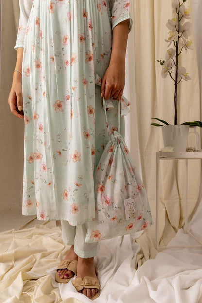 Turquoise Blue Floral Printed Flared A-Line Kurta With Trouser & Dupatta - Buy Best Ethnic Wear for Women & Girls | Daily Woman - 