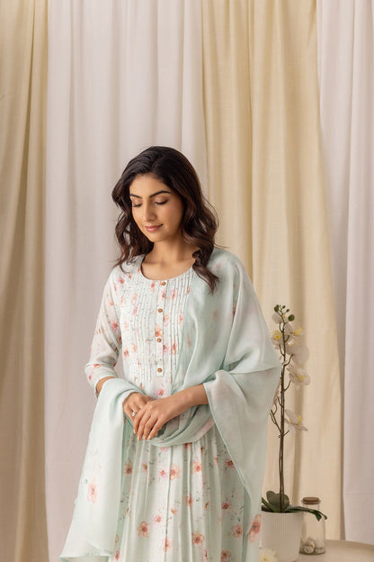 Turquoise Blue Floral Printed Flared A-Line Kurta With Trouser & Dupatta - Buy Best Ethnic Wear for Women & Girls | Daily Woman - 