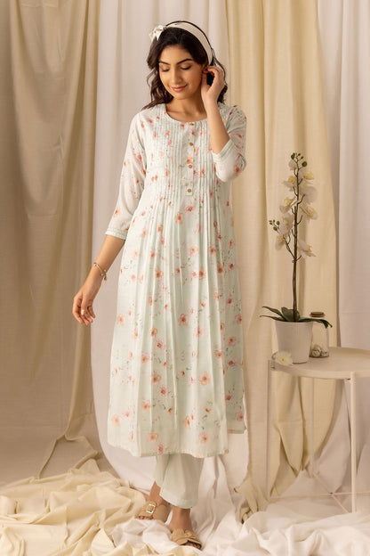 Turquoise Blue Floral Printed Flared A-Line Kurta With Trouser & Dupatta - Buy Best Ethnic Wear for Women & Girls | Daily Woman - 