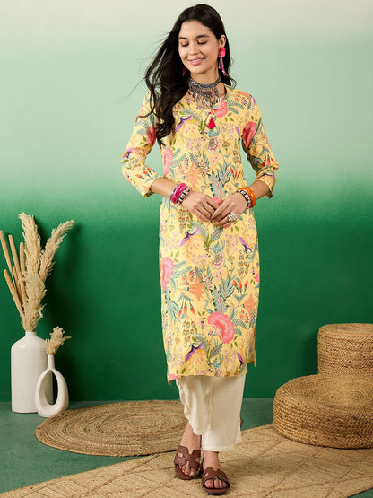 V Neck Floral-Printed Straight Kurta - Buy Best Ethnic Wear for Women & Girls | Daily Woman - 