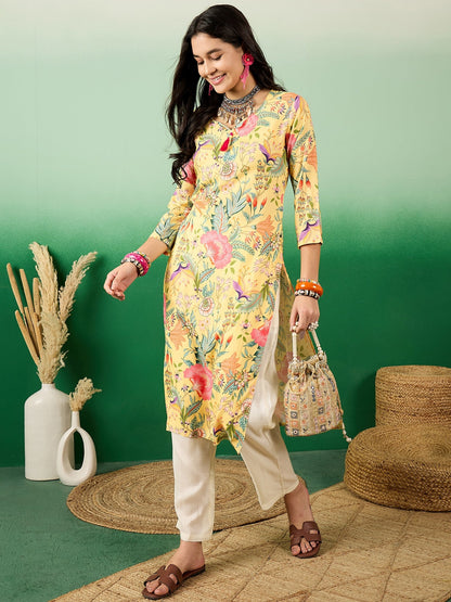V Neck Floral-Printed Straight Kurta - Buy Best Ethnic Wear for Women & Girls | Daily Woman - 