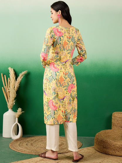 V Neck Floral-Printed Straight Kurta - Buy Best Ethnic Wear for Women & Girls | Daily Woman - 