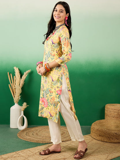 V Neck Floral-Printed Straight Kurta - Buy Best Ethnic Wear for Women & Girls | Daily Woman - 