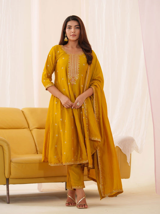 Vichitra Ethnic Motifs Embroidered Kurta With Trousers & Dupatta - Buy Best Ethnic Wear for Women & Girls | Daily Woman - 