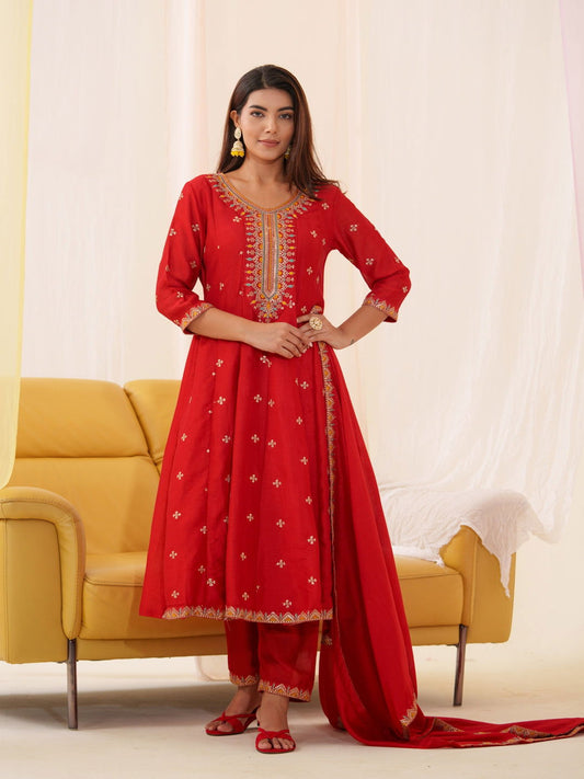 Vichitra Rad Color Floral Embroidered Anarkali Kurta With Trousers & Dupatta - Buy Best Ethnic Wear for Women & Girls | Daily Woman - 