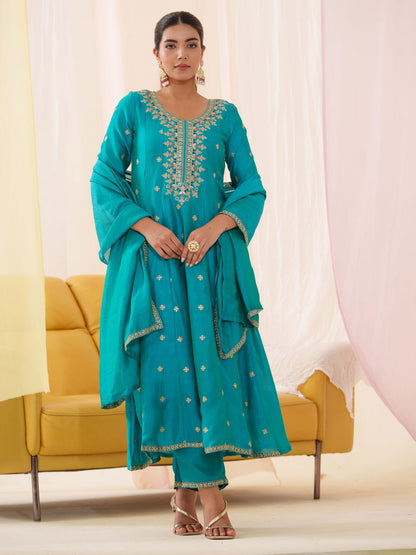 Vichitra Rama Color Floral Embroidered A-Line Kurta With Trousers & Dupatta - Buy Best Ethnic Wear for Women & Girls | Daily Woman - 