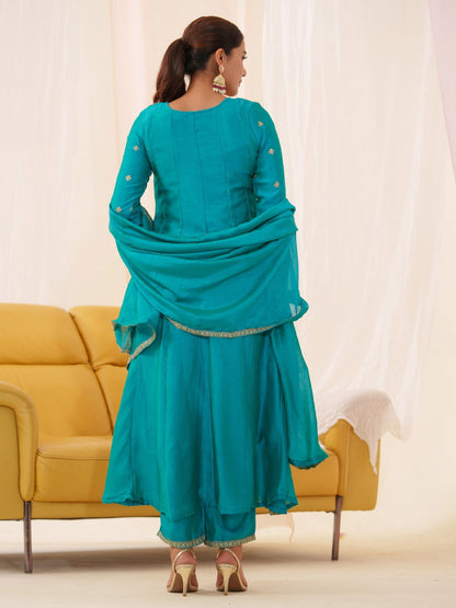 Vichitra Rama Color Floral Embroidered A-Line Kurta With Trousers & Dupatta - Buy Best Ethnic Wear for Women & Girls | Daily Woman - 