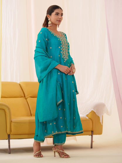 Vichitra Rama Color Floral Embroidered A-Line Kurta With Trousers & Dupatta - Buy Best Ethnic Wear for Women & Girls | Daily Woman - 