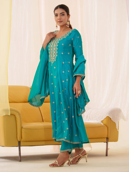 Vichitra Rama Color Floral Embroidered A-Line Kurta With Trousers & Dupatta - Buy Best Ethnic Wear for Women & Girls | Daily Woman - 