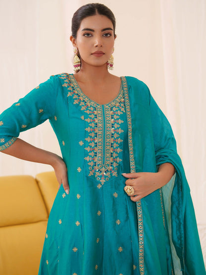 Vichitra Rama Color Floral Embroidered A-Line Kurta With Trousers & Dupatta - Buy Best Ethnic Wear for Women & Girls | Daily Woman - 