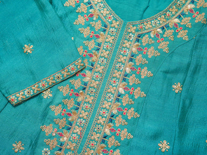 Vichitra Rama Color Floral Embroidered A-Line Kurta With Trousers & Dupatta - Buy Best Ethnic Wear for Women & Girls | Daily Woman - 