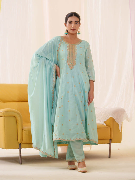 Vichitra Sky-Blue Color Floral Embroidered Anarkali Kurta With Trousers & Dupatta - Buy Best Ethnic Wear for Women & Girls | Daily Woman - 