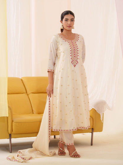 Vichitra White Embroidered Kurta With Trousers & Dupatta - Buy Best Ethnic Wear for Women & Girls | Daily Woman - 