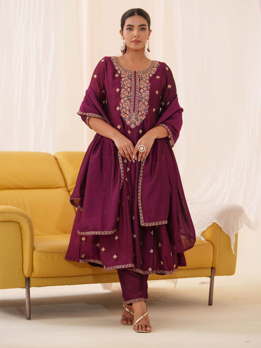 Vichtra Wine Women Women Ethnic Motifs Embroidered Kurta With Trousers & Dupatta - Buy Best Ethnic Wear for Women & Girls | Daily Woman - 
