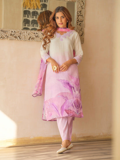 Violet Animal Colourblocked Straight Kurta and Trousers With Dupatta - Buy Best Ethnic Wear for Women & Girls | Daily Woman - 