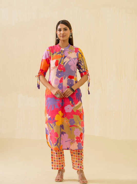 Violet & Pink Floral Printed Mandarin Collar Kurta With Trousers - Buy Best Ethnic Wear for Women & Girls | Daily Woman - 