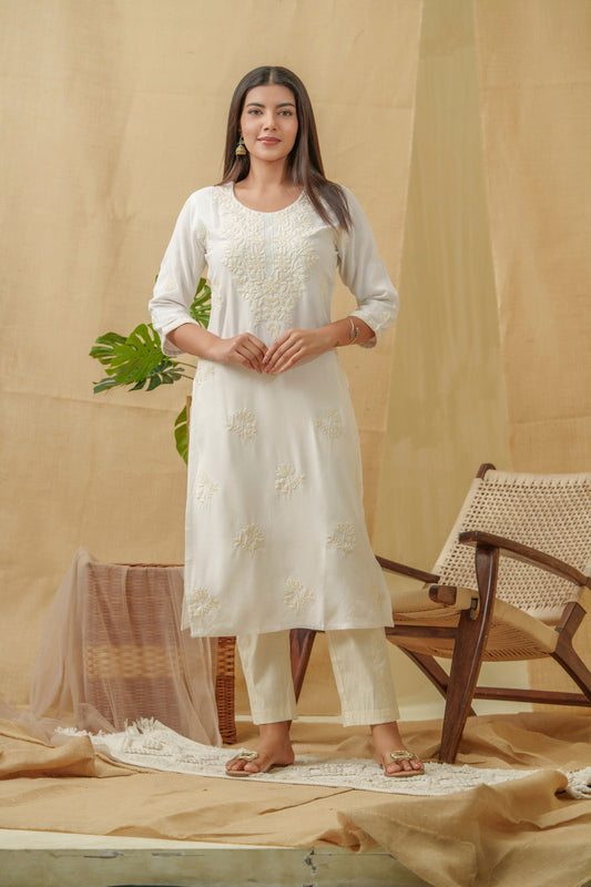 White Ethnic Motifs Embroidered Straight Kurta - Buy Best Ethnic Wear for Women & Girls | Daily Woman - 