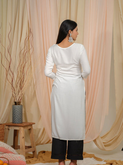 White Floral Embroidered Tie-Up Neck Straight Kurta - Buy Best Ethnic Wear for Women & Girls | Daily Woman - 
