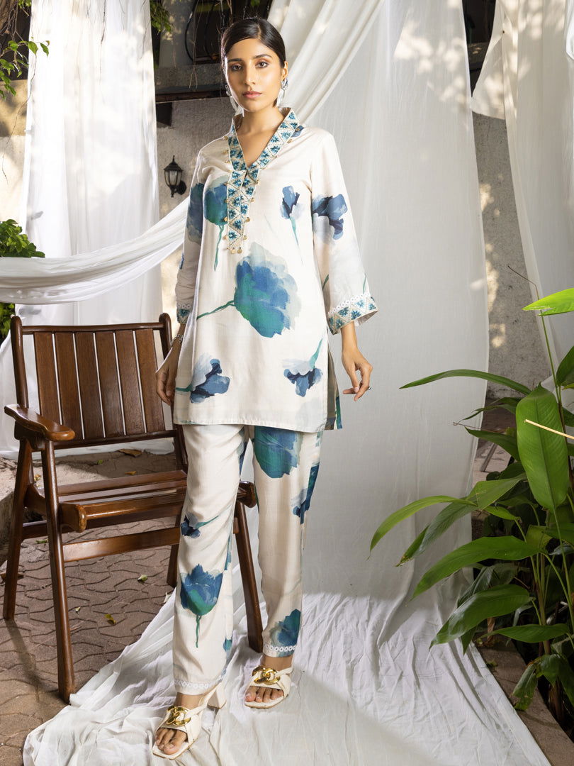 White Floral Printed Poly Muslin Top & Trouser - Buy Best Ethnic Wear for Women & Girls | Daily Woman - 