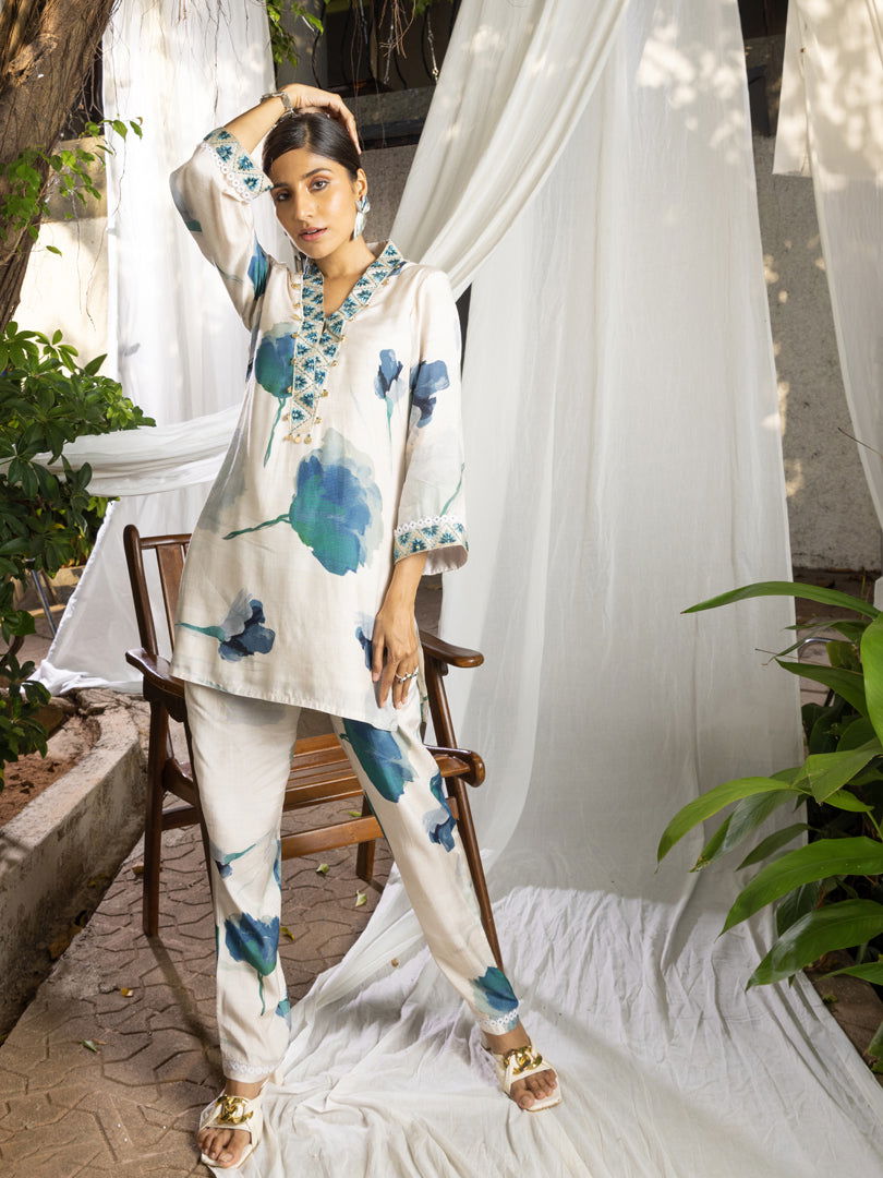 White Floral Printed Poly Muslin Top & Trouser - Buy Best Ethnic Wear for Women & Girls | Daily Woman - 