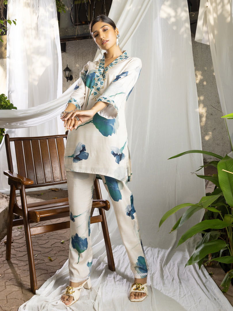 White Floral Printed Poly Muslin Top & Trouser - Buy Best Ethnic Wear for Women & Girls | Daily Woman - 
