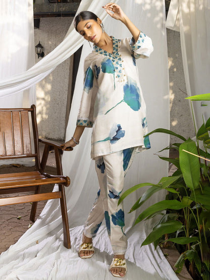 White Floral Printed Poly Muslin Top & Trouser - Buy Best Ethnic Wear for Women & Girls | Daily Woman - 