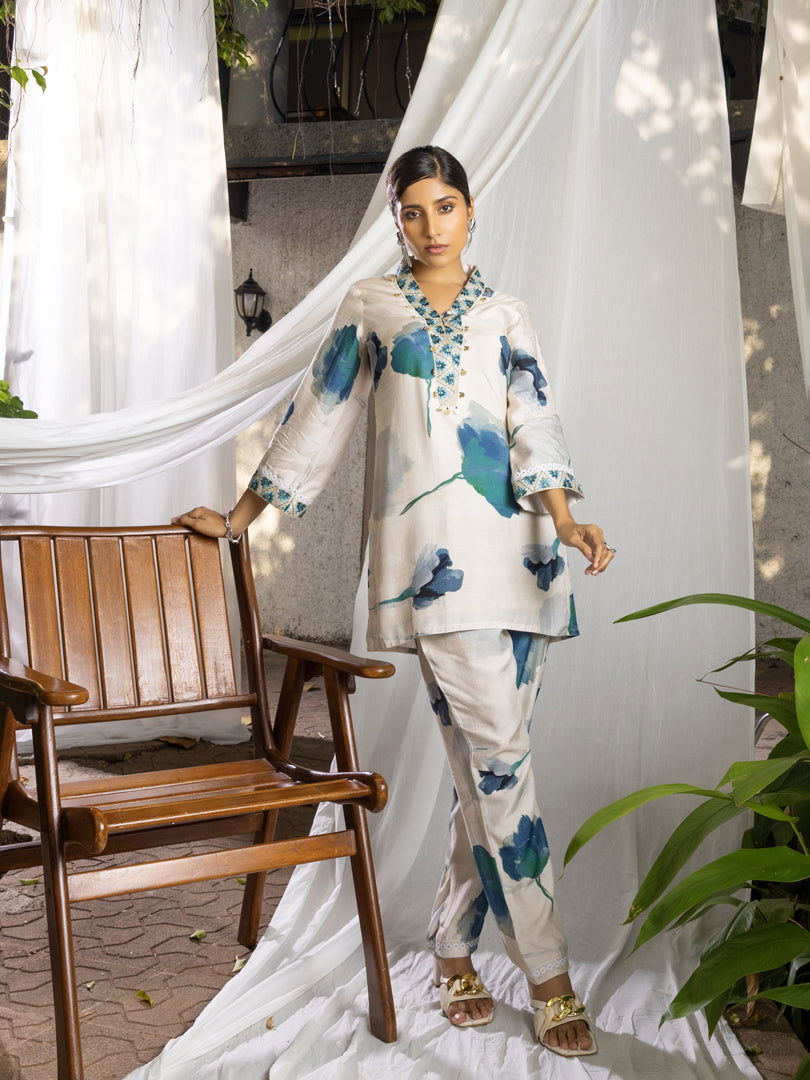 White Floral Printed Poly Muslin Top & Trouser - Buy Best Ethnic Wear for Women & Girls | Daily Woman - 