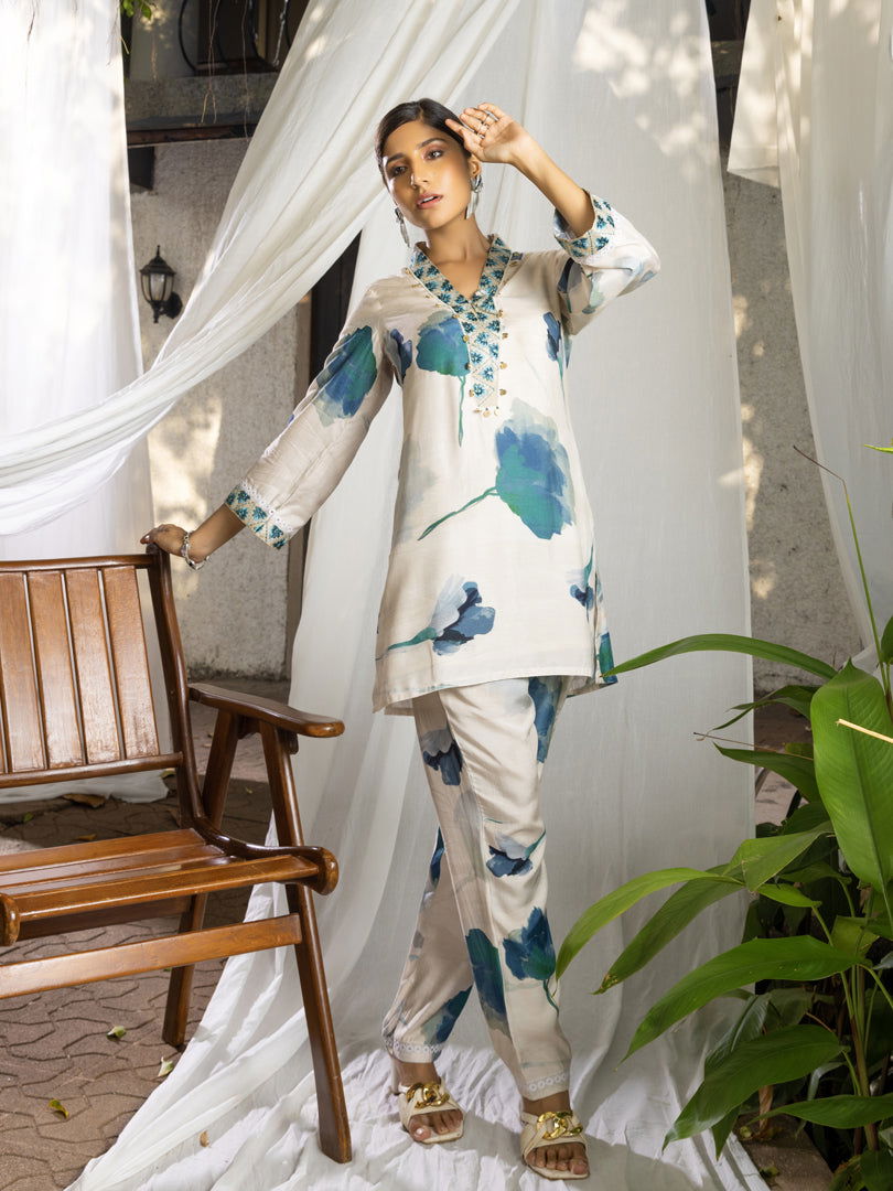 White Floral Printed Poly Muslin Top & Trouser - Buy Best Ethnic Wear for Women & Girls | Daily Woman - 