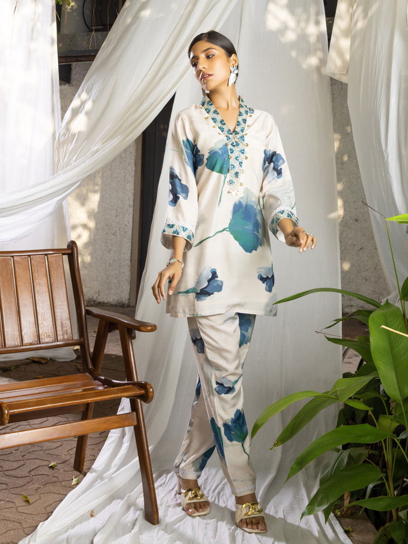 White Floral Printed Poly Muslin Top & Trouser - Buy Best Ethnic Wear for Women & Girls | Daily Woman - 