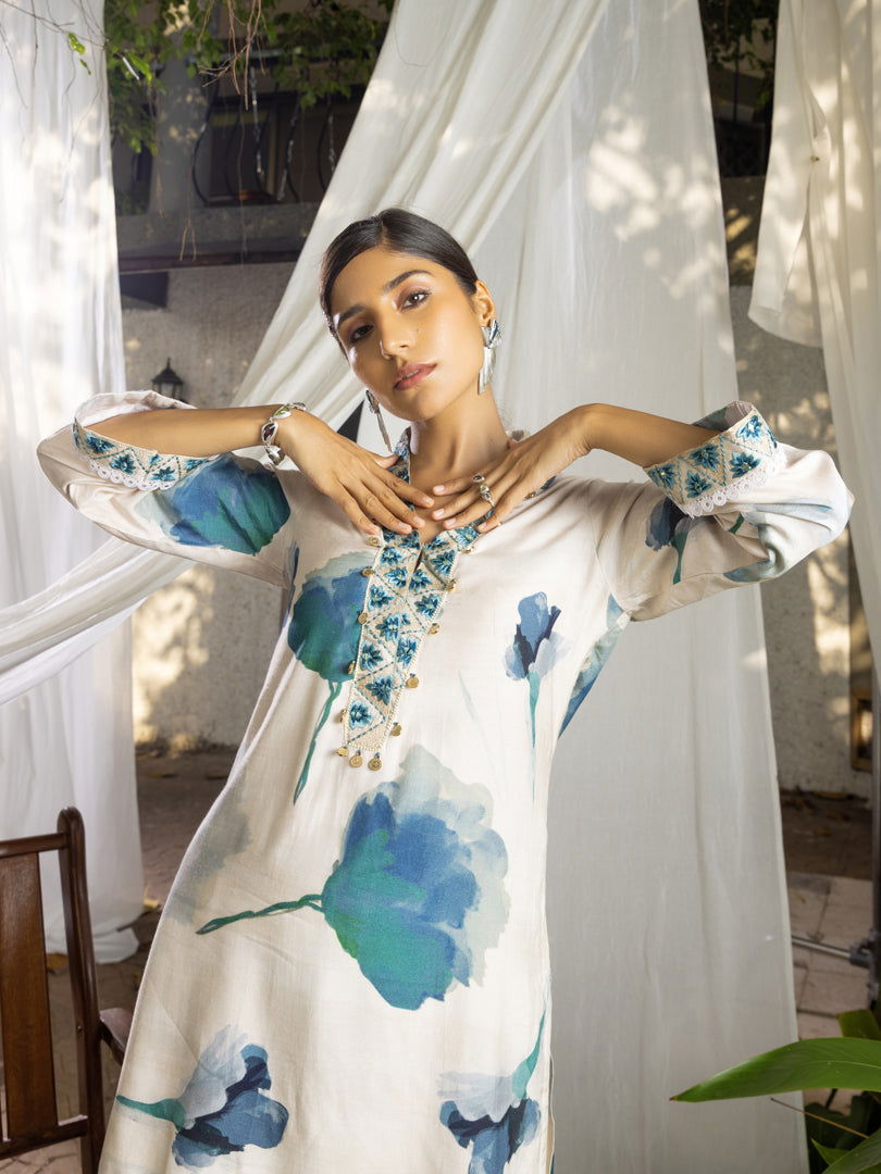 White Floral Printed Poly Muslin Top & Trouser - Buy Best Ethnic Wear for Women & Girls | Daily Woman - 