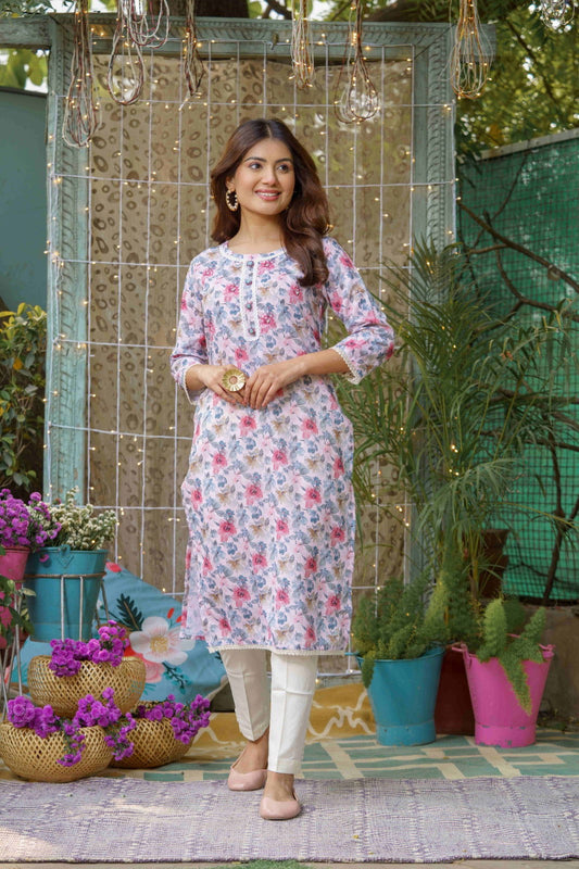 White Floral Printed Straight  Kurta - Buy Best Ethnic Wear for Women & Girls | Daily Woman - 