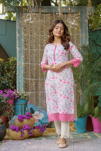White Floral Printed Straight Kurta - Buy Best Ethnic Wear for Women & Girls | Daily Woman - 