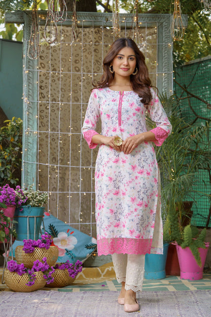 White Floral Printed Straight Kurta - Buy Best Ethnic Wear for Women & Girls | Daily Woman - 