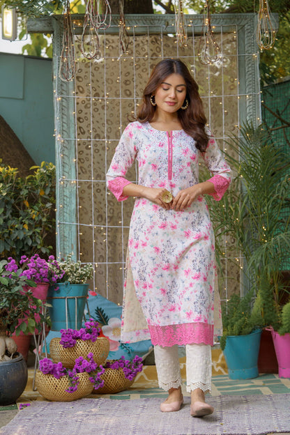 White Floral Printed Straight Kurta - Buy Best Ethnic Wear for Women & Girls | Daily Woman - 