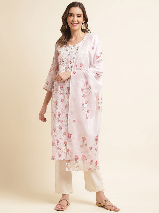 White Floral Printed Thread Work Linen Kurta Trousers & Dupatta - Buy Best Ethnic Wear for Women & Girls | Daily Woman - 
