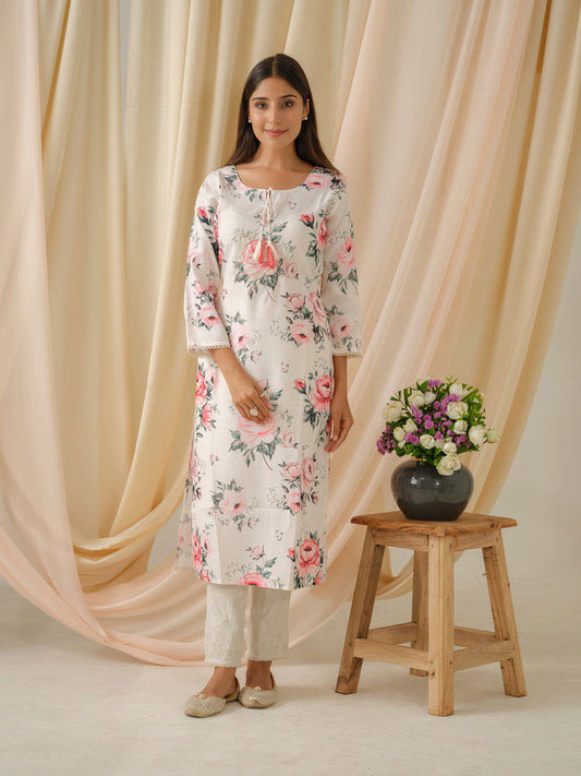 White Floral Printed Tie Up Neck Straight Kurta - Buy Best Ethnic Wear for Women & Girls | Daily Woman - 