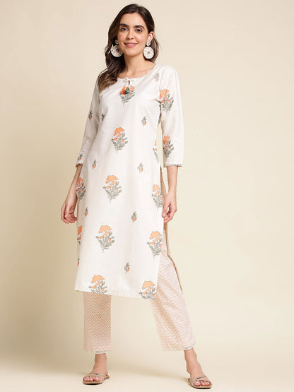 White Foral Printed Straight Kurta With Trouser - Buy Best Ethnic Wear for Women & Girls | Daily Woman - 