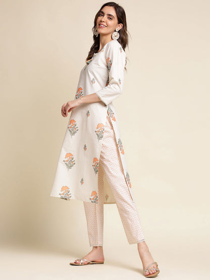 White Foral Printed Straight Kurta With Trouser - Buy Best Ethnic Wear for Women & Girls | Daily Woman - 