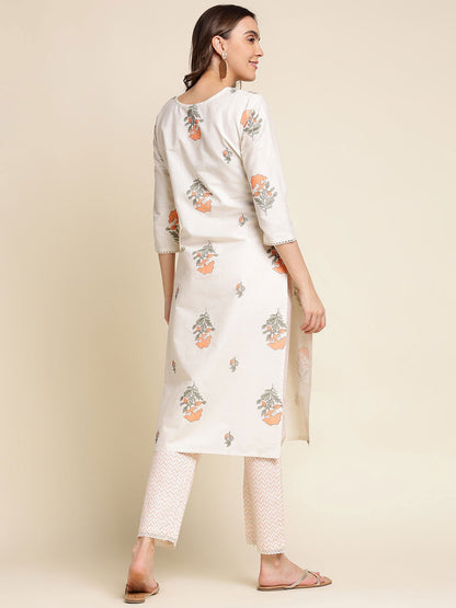 White Foral Printed Straight Kurta With Trouser - Buy Best Ethnic Wear for Women & Girls | Daily Woman - 