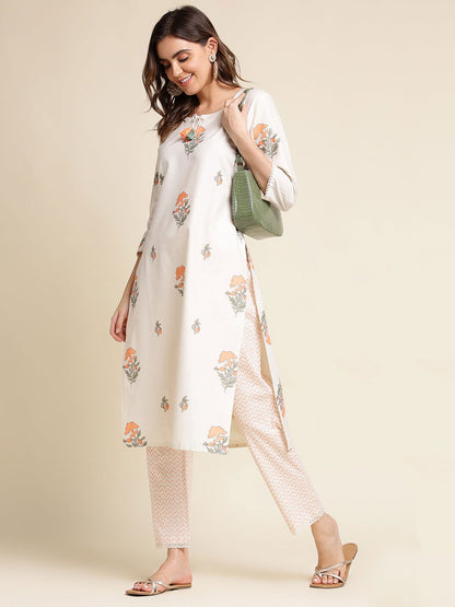 White Foral Printed Straight Kurta With Trouser - Buy Best Ethnic Wear for Women & Girls | Daily Woman - 